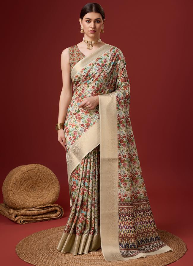 Cotton Beige Festival Wear Floral Print Saree